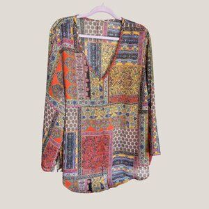 Boho Patchwork Long Sleeve Tunic Blouse / Bathing Suit Coverup, XL?